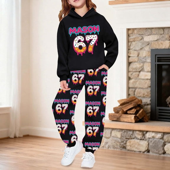 RTKFRFLM Girls Kids 2-Piece Tracksuit Printed Hoodie Joggers Soft Casual Outfit