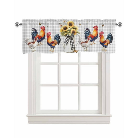 Chicken Sunflowers Kitchen Valances for Windows Farmhouse Linen Window Valance Curtain for Living Room Window Treatment Floral Butterfly Gray White Buffalo Plaid Valance Rod Pocket, 60 x 18 Inch