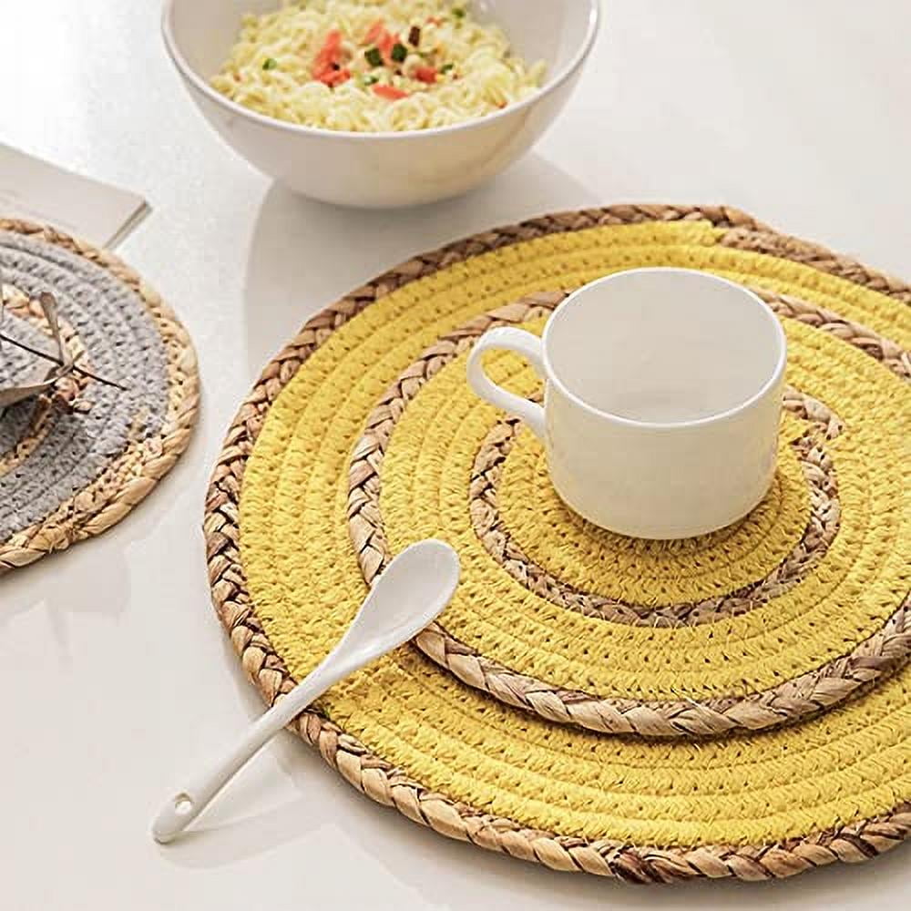 Fennco Styles Hand-Woven Rattan Cotton Rope Placemats 12-Inch Round, Set of 4 - Yellow Braided Table Mats Heat Resistant Insulation for Home, Boho Décor, Dining Table, Banquets, Special Events