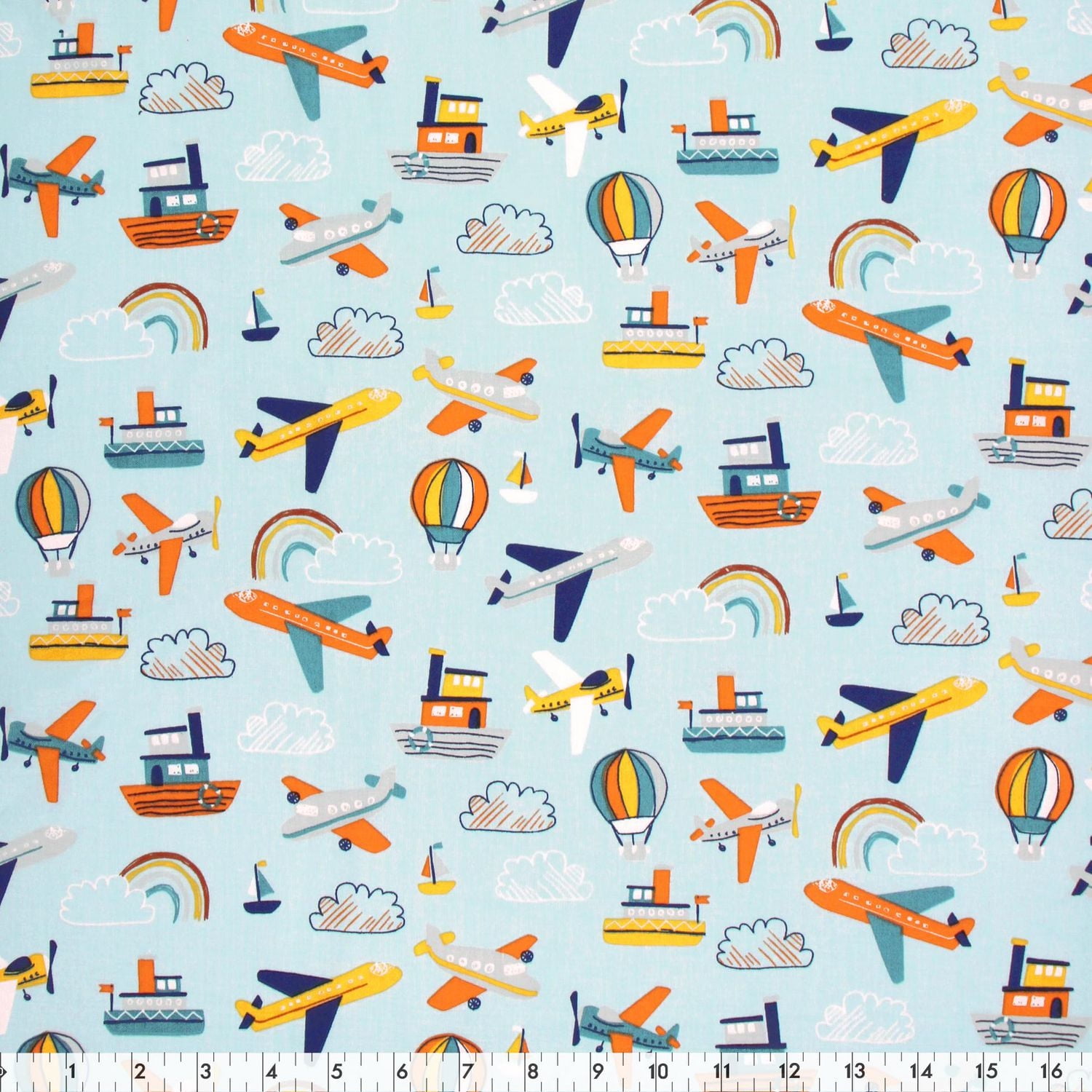 Tissu en coton de Fabric Creations, bleu clair avec modes de transport — 107 cm (42 po) de large, 100% coton