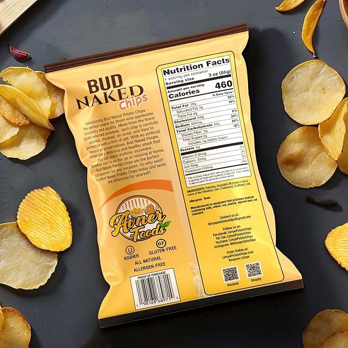 Limyè  Bud Naked Potato chips, Healthy Kosher Certified Snacks Variety packs - Salted Chips, No Artificial Flavors, Vegan Gluten Free Chips, 3 Oz bag (Pack of 8)