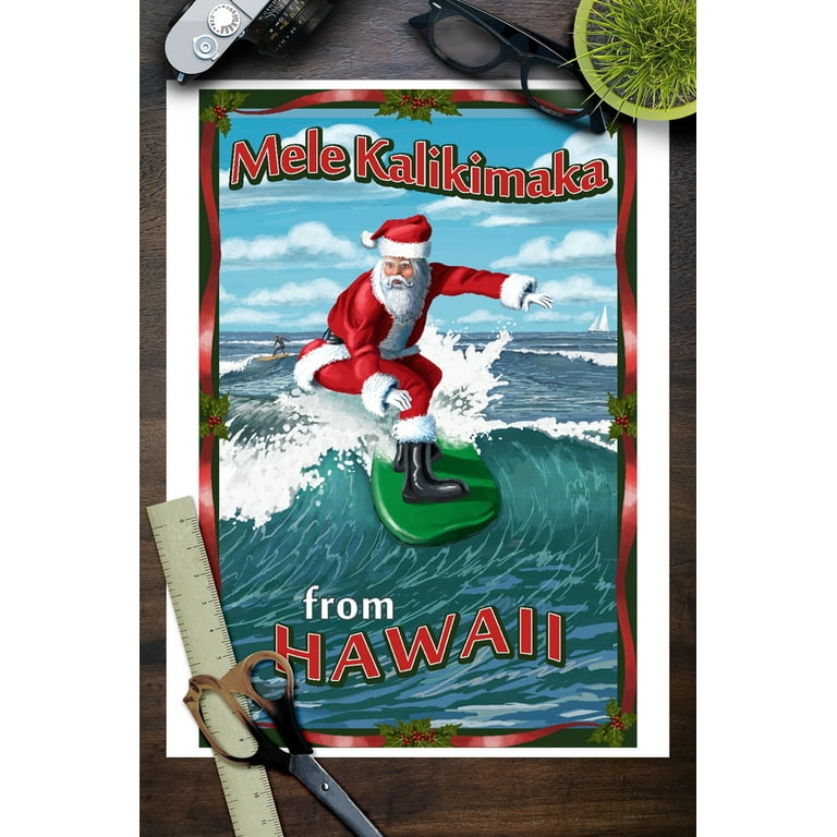 Merry Christmas from Hawaii Santa Surfing 9x12 Wall Art Print