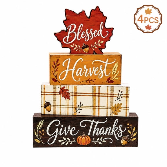 Fall Tiered Tray Decor Set Rustic Wooden Thanksgiving Stackable Signs “Blessed Harvest Give Thanks” Maple Leaf Farmhouse Autumn Tabletop Decorations for Home Kitchen Mantel Shelf Decor