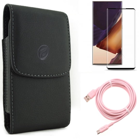 Case Belt Clip & 10ft Long USB-C Cable & Screen Protector for Samsung Galaxy Note 20 Ultra (6.9") - Combo with Leather Holster & Pink Charger Cord & Tempered Glass (Fingerprint Unlock)