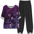 thumbnail image 2 of DDAPJ pyju Womens Cotton Linen 2 Piece Outfits Dressy Floral Print Half Sleeve Blouse Tops with Elastic Waist Capri Pants Suits Plus Size Lounge Matching Set Purple XXXXL, 2 of 6
