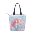 thumbnail image 2 of Large Capacity Canvas Tote Bag with Zipper, Durable Canvas & Leather Shoulder Handbag, All-over Print Tote for Work Commuter Shopping Travel Twin Little Mermaids Art, 2 of 7