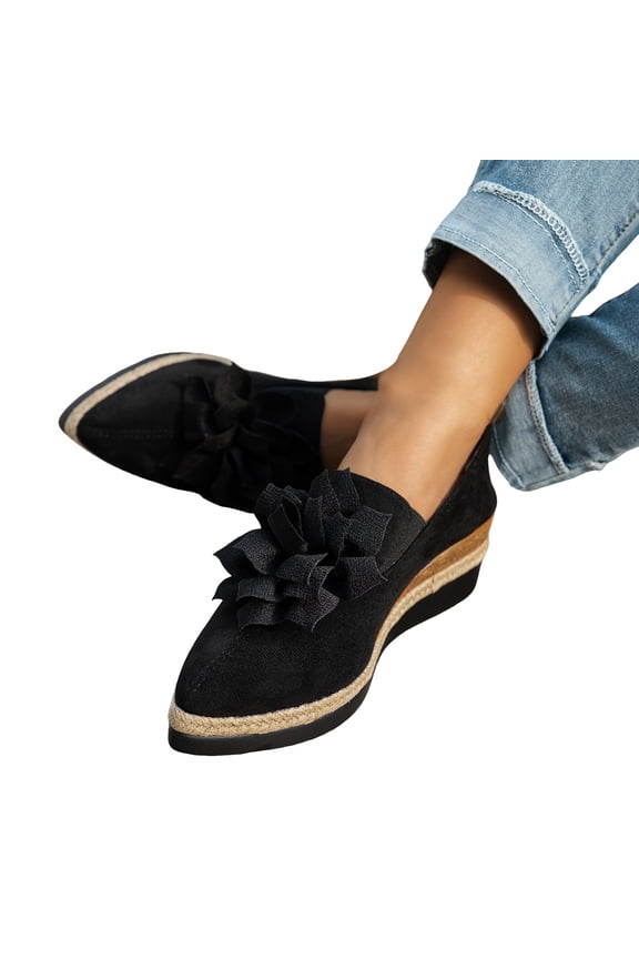 Women's Wedge Slip on Loafers Pointed Toe Platform Espadrilles Flower Decor Business Office Work Walking Casual Shoes Black 8
