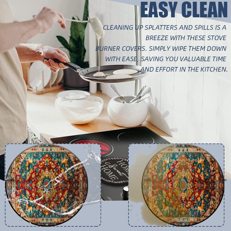 Round Gas Stove Burner Covers Set of 4, Vintage Boho Flowers Electric Stove Burner Covers Range Top for Expanding Counter Space for Kitchen, 8 Inches and 10 Inches