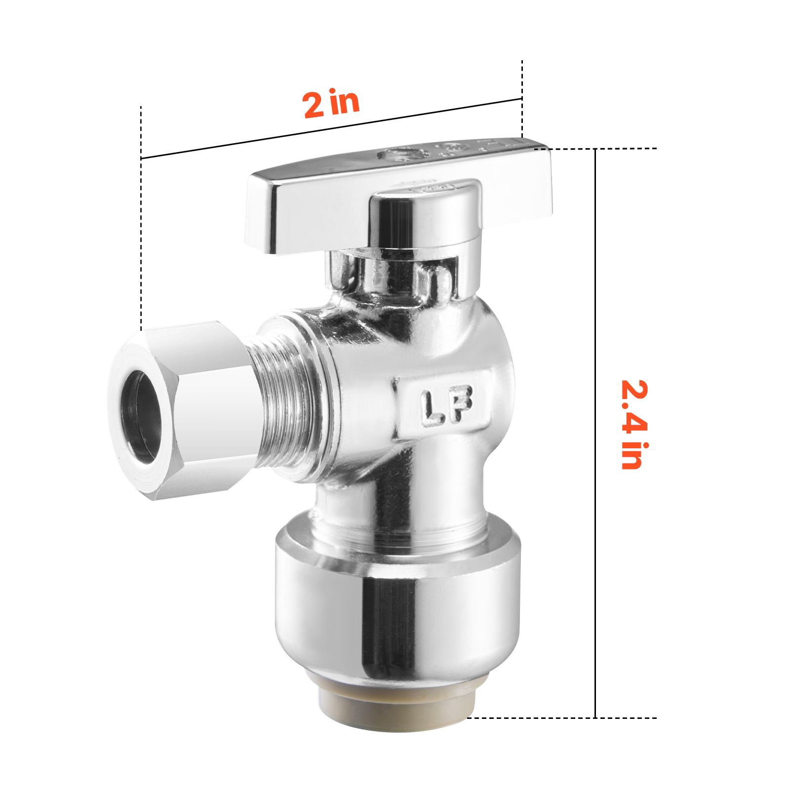 Angle Stop Valve 10-Pack, 1/2" PTC Push-to-Connect Inlet to 3/8" OD Compression Outlet, Lead-Free Brass with Chrome Finish, 1/4 Turn Shutoff for Water Control