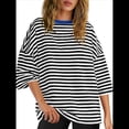 thumbnail image 3 of Camisetas de Rayas de Gran Tamaño para Mujer, Blusas Holgadas de Cuello Redondo y Corta, Blusa Informal de Verano Y2K 2025, Camiseta Básica Negro S, 3 of 9