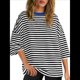 thumbnail image 3 of Camisetas de Rayas de Gran Tamaño para Mujer, Blusas Holgadas de Cuello Redondo y Corta, Blusa Informal de Verano Y2K 2025, Camiseta Básica Negro L, 3 of 9