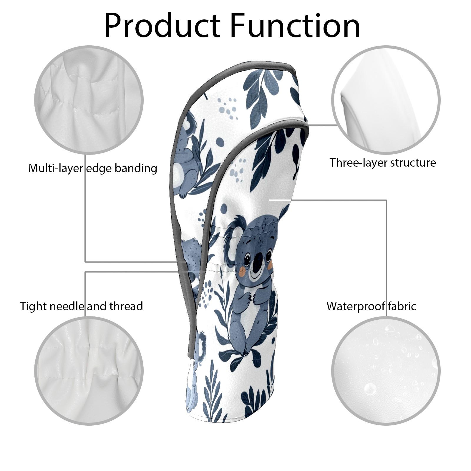 Golf Head Covers - Koala Pattern, Premium Waterproof PU Leather, Plush Lining, Fits Driver/Hybrid, Cute Animal Golf Gift
