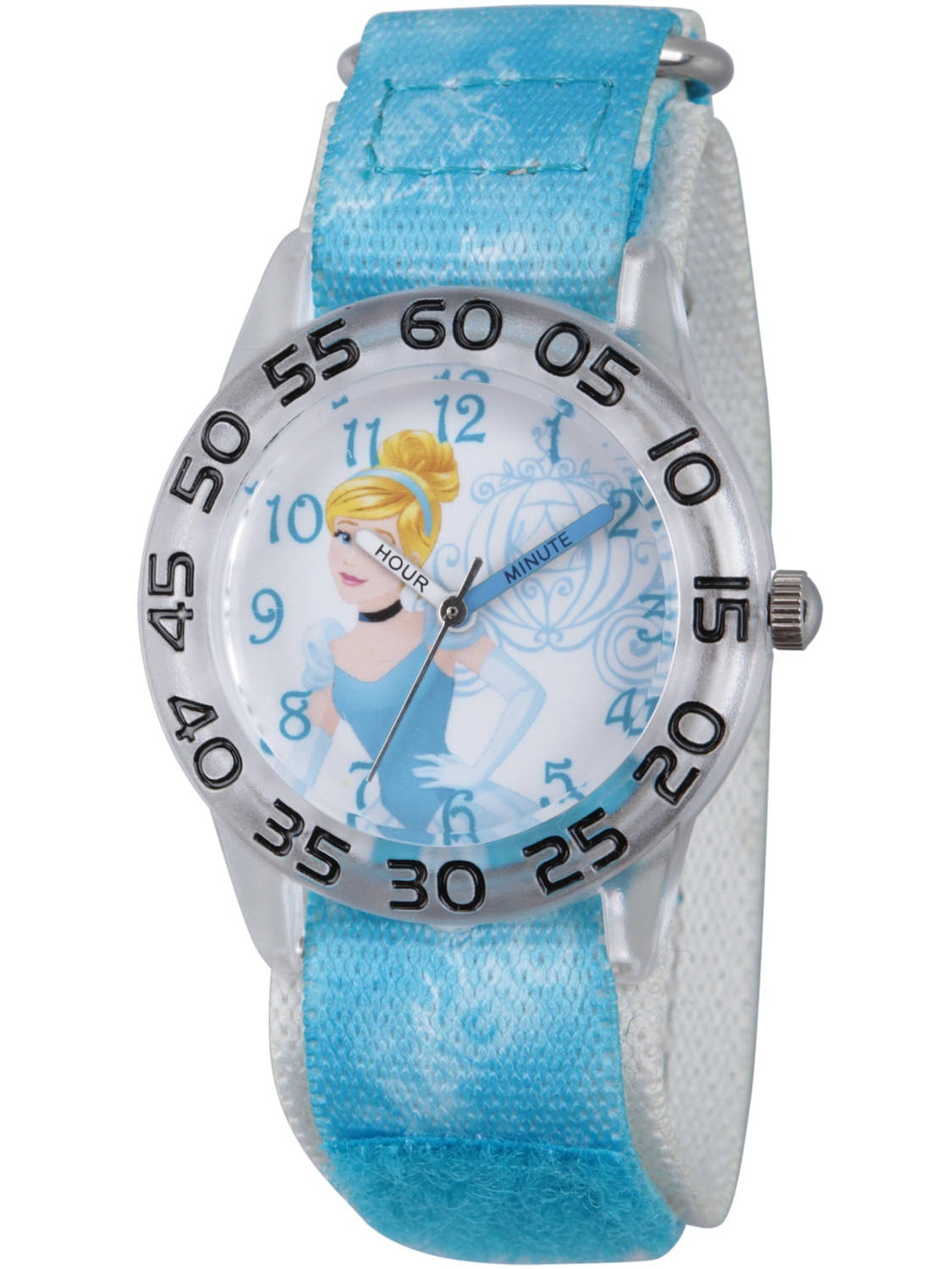 Princess Cinderella Girls' Clear Plastic Time Teacher Watch, Blue Hook and Loop Stretchy Nylon Strap with Printed Editorial