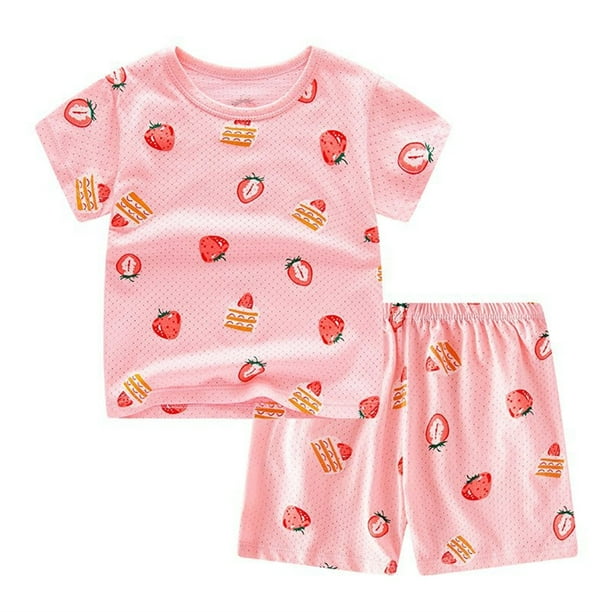 Odeerbi 1-12 Años Niños Niñas Pijamas de Algodón de Verano Manga Corta Tops Pantalones Conjunto Suave Estampado Fresa Ropa de Dormir Juegos de Pijamas de Dos Piezas