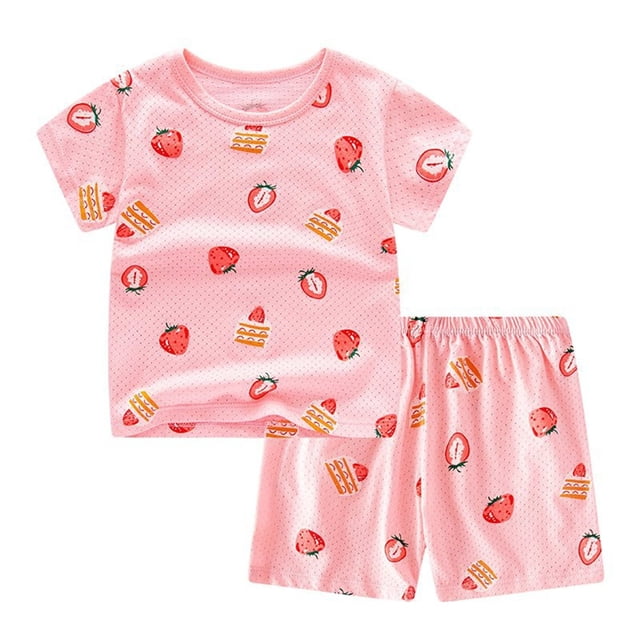 Odeerbi 1-12 Años Niños Niñas Pijamas de Algodón de Verano Manga Corta Tops Pantalones Conjunto Suave Estampado Fresa Ropa de Dormir Juegos de Pijamas de Dos Piezas
