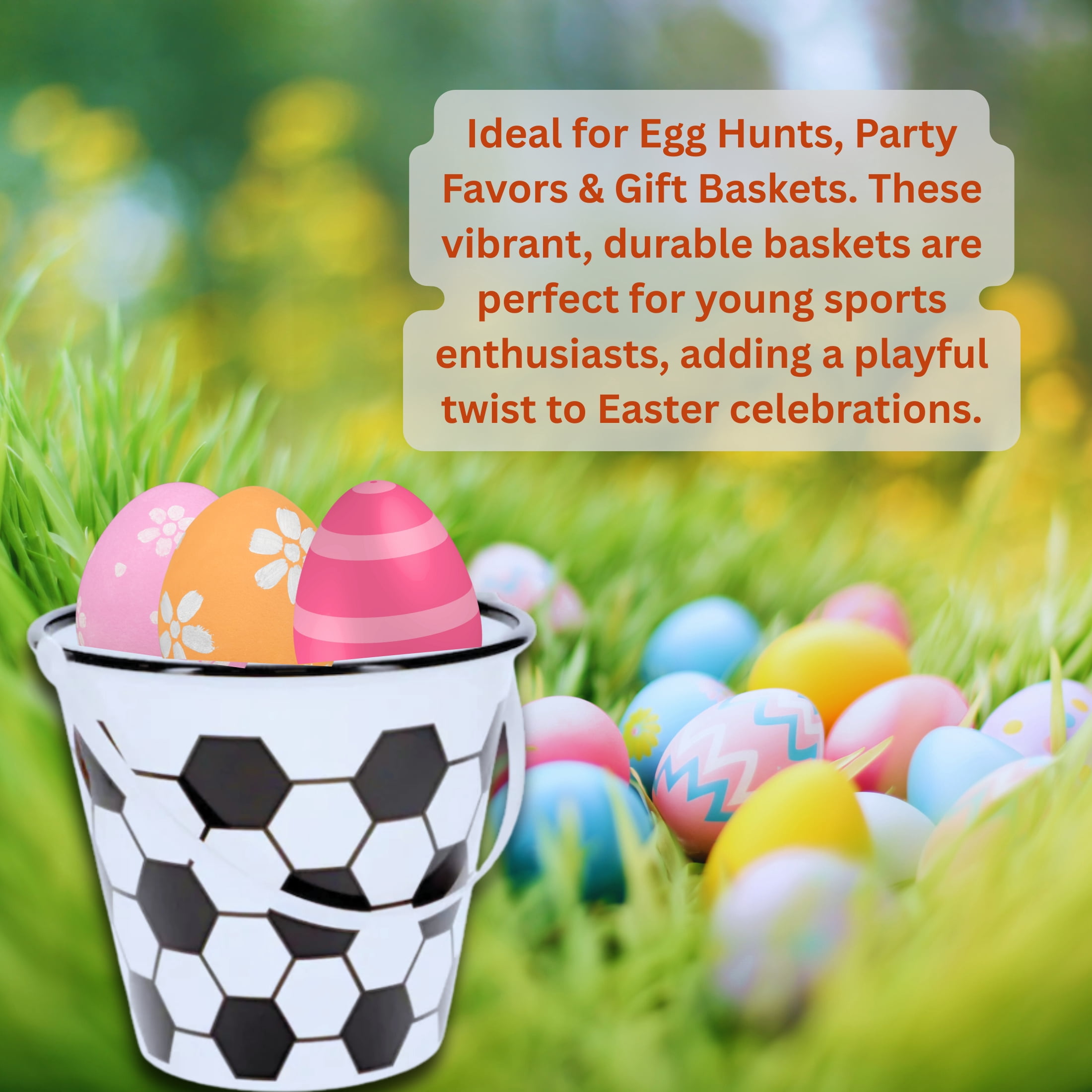 (3) Sports Themed Easter Buckets with Handle, 7-Inch Plastic Basketball Football Soccer Designs Reusable Baskets for Egg Hunts Party Favors Gift Picnic Basket Home Office Organizer
