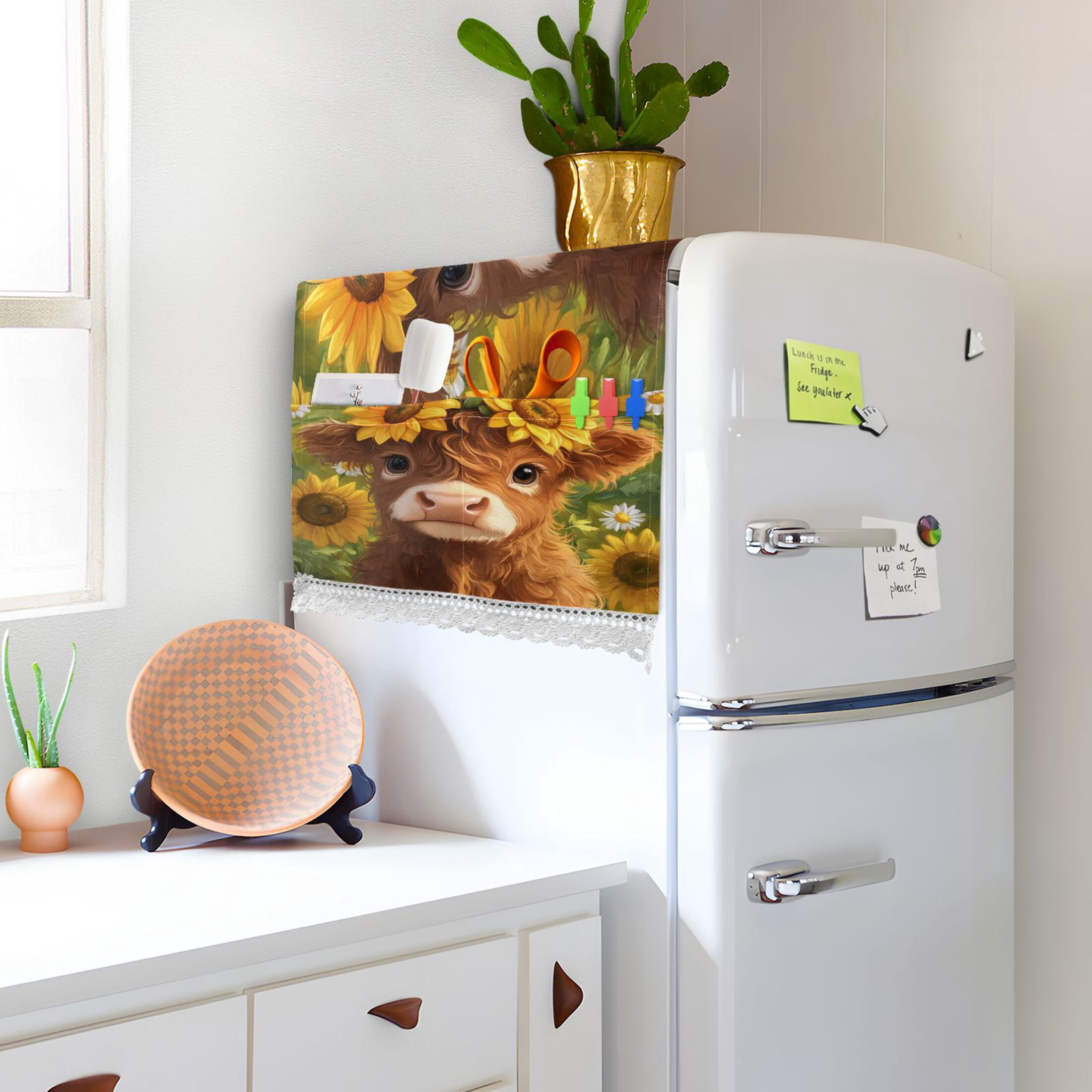 Dustproof Washing Machine Cloth Washer and Dryer Top Covers, Fridge Dust Cover, With Storage Bags Cute Highland Cow