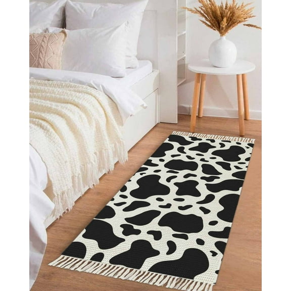 Black and White Hallway Runner Rug 2x6ft, Farmhouse Cow Black White Washable Woven Living Room Bedroom Kitchen Bathrom Carpet with Tassels, Non-Shedding Indoor Outdoor Throw Door Mat for Entryway