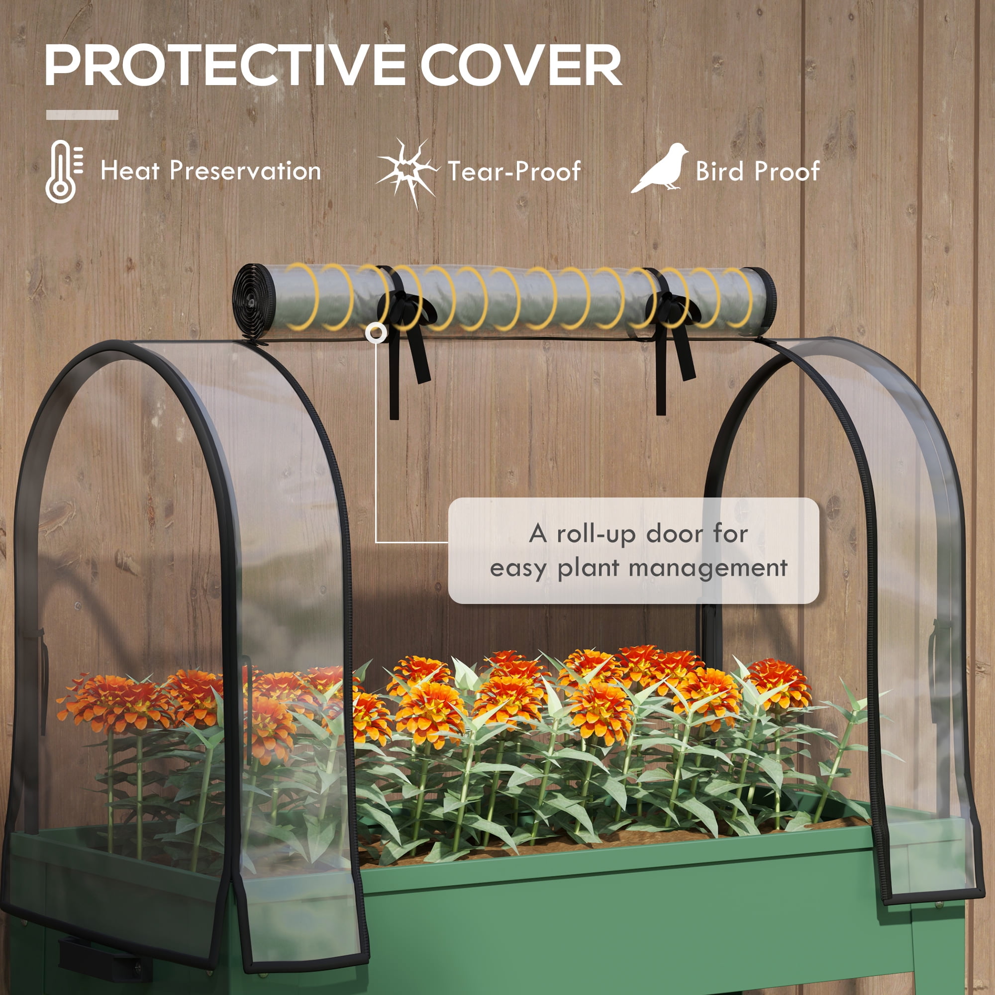 Outsunny Raised Garden Bed with Greenhouse Cover, Metal Outdoor Elevated Planter Box with Lockable Wheels, Storage Shelf and Drainage Hole, Green