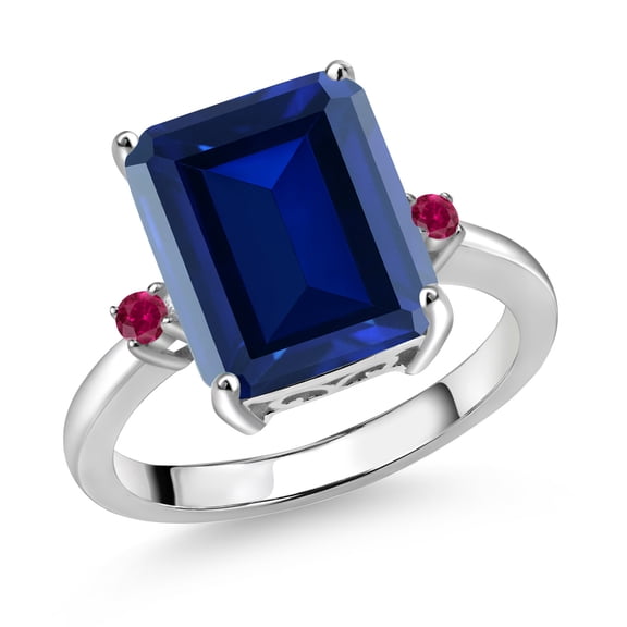 Gem Stone King 925 Sterling Silver 12X10MM Blue Simulated Sapphire and 2MM Red Created Ruby 3 Stone Engagement Ring for Women | 6.80 Cttw | Gemstone September Birthstone | Size 8