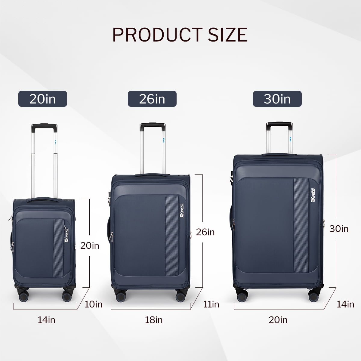 3-Piece Softside Luggage Set Expandable Suitcase with TSA Lock and Front Opening, 20"/26"/30", Navy Blue - 8809