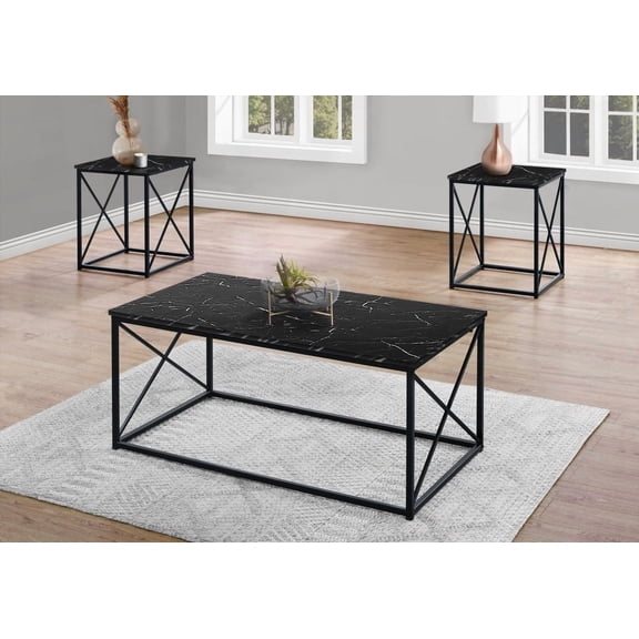 Modern Living Room 3-piece Set - Black Marble Look Laminate & Black Metal, Coffee & End Tables