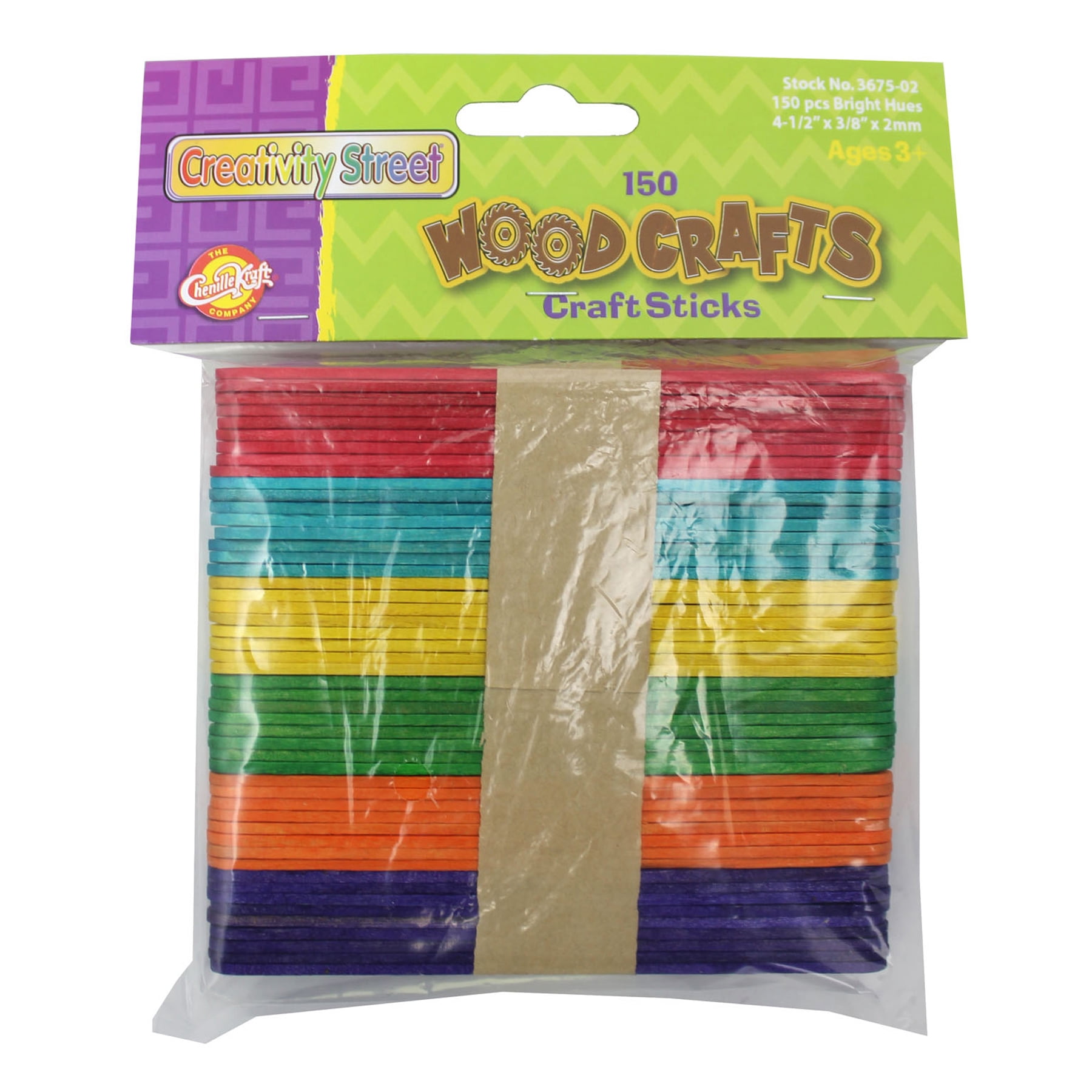 Creativity Street Regular Craft Sticks, Bright Hues Assorted, 4 1/2" x 3/8" x 2mm, 150 Per Pack, 12 Packs
