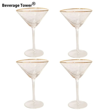4 Pcs of Nordic Luxury Gold Rimmed Hammered Glass Cocktail Glass, Crystal Martini Glasses, Elegant 6.76 US fl oz / 200 ml Stemless Wine Glasses, Suitable for Home, Bar, or Parties, Cocktail & Wine