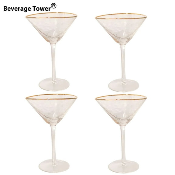 4 Pcs of Nordic Luxury Gold Rimmed Hammered Glass Cocktail Glass, Crystal Martini Glasses, Elegant 6.76 US fl oz / 200 ml Stemless Wine Glasses, Suitable for Home, Bar, or Parties, Cocktail & Wine