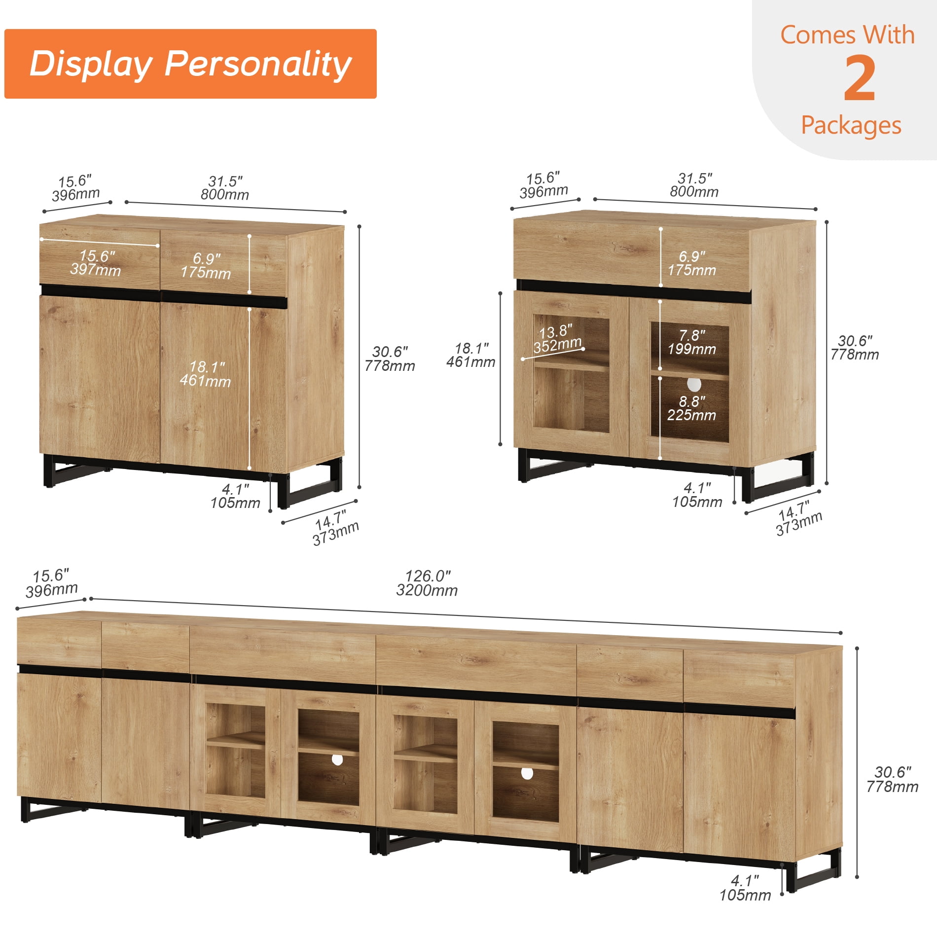 4 In 1 Sideboard Buffet Cabinets With Glass Doors And 2 Drawers, Modern Sideboard Credenza With Adjustable Shelf And Metal Base,Cabinet Storage Cabinet,Oak