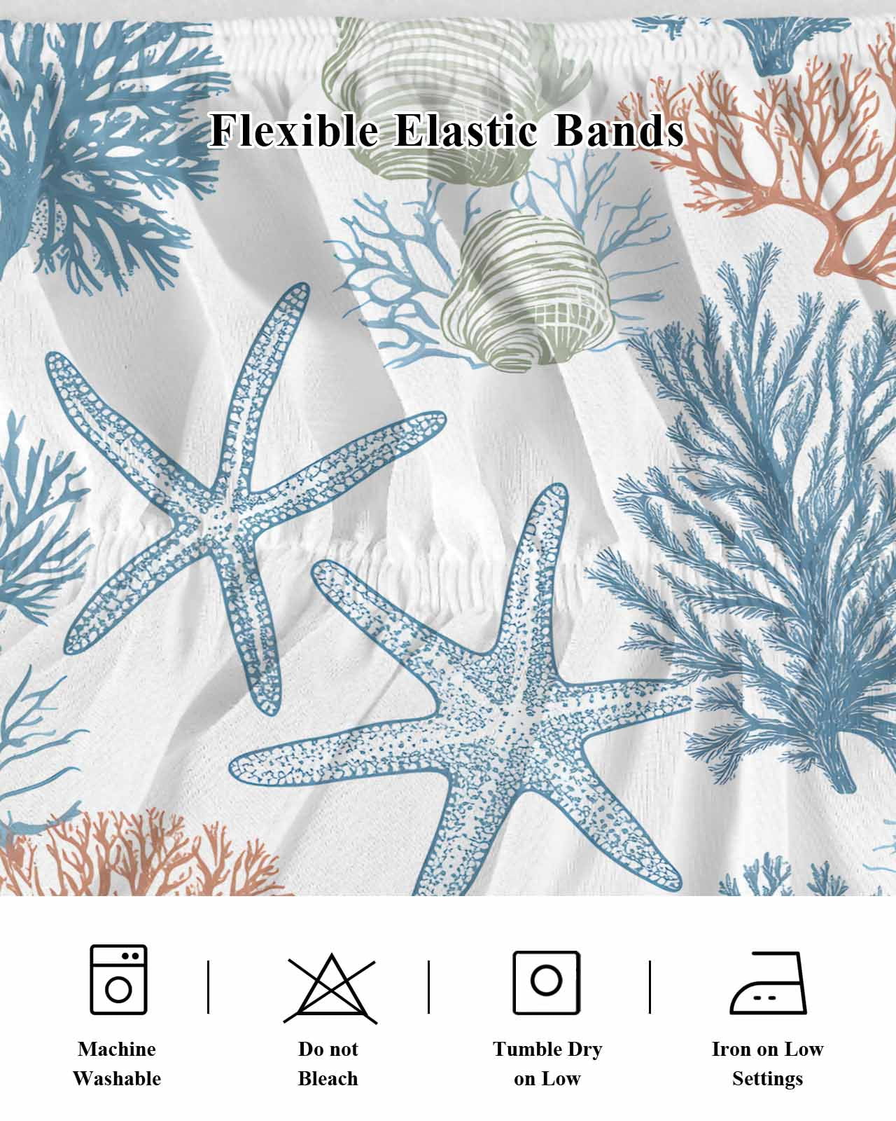 Blue Coastal Coral Wrap Around Bed Skirts for Queen Bed 16" Drop, Bed Skirt with Adjustable Elastic Belt Dust Ruffle Bed Valance for Bedroom Hotel Luxury Ocean Starfish Nature Plant Bed Frame Cover