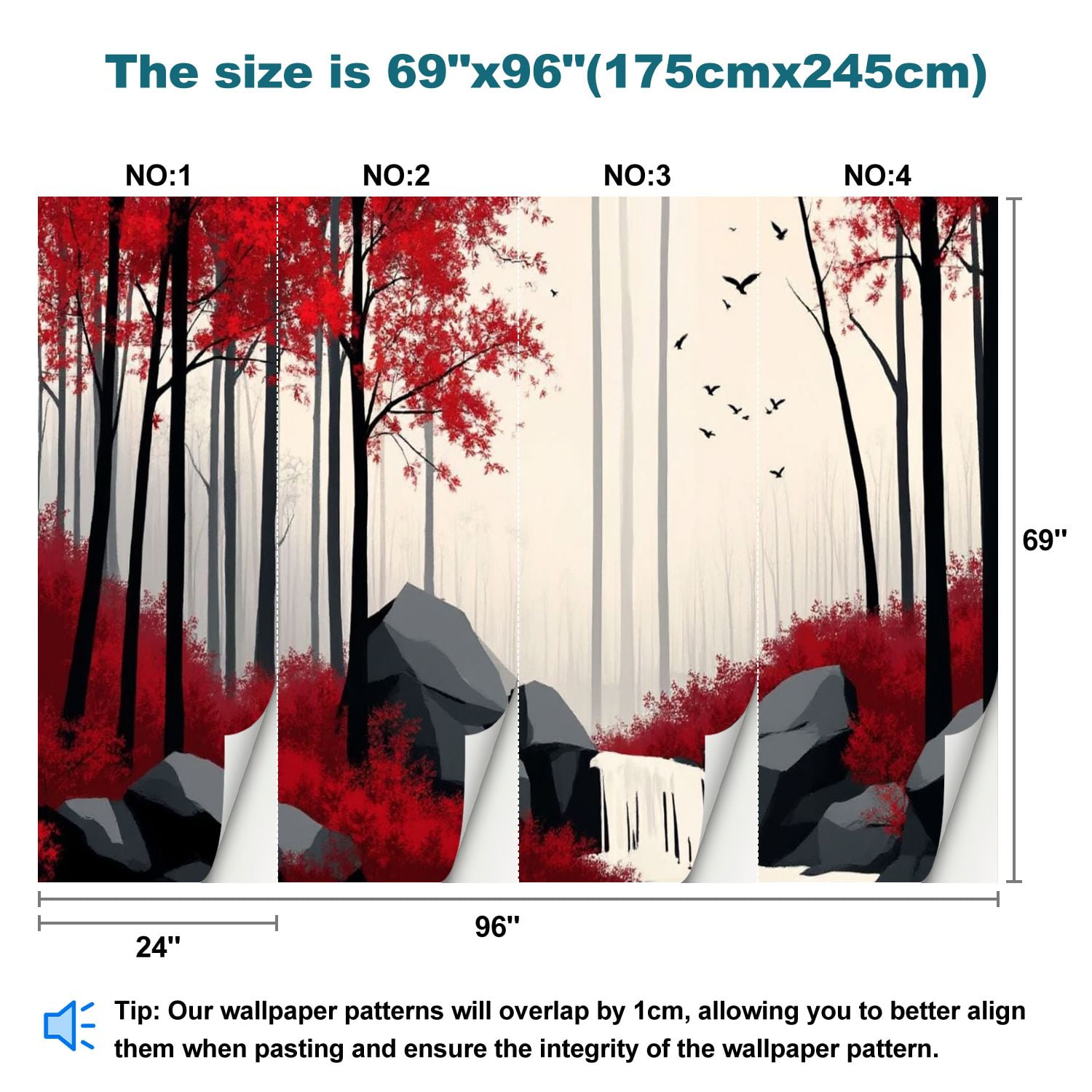 Peel and Stick Wallpaper Black White Red Woods Waterfall Landscape Foliage Dark Trees Red Trees Modern Art Wall Mural Decor Self Adhesive and Removable 69in x 98in
