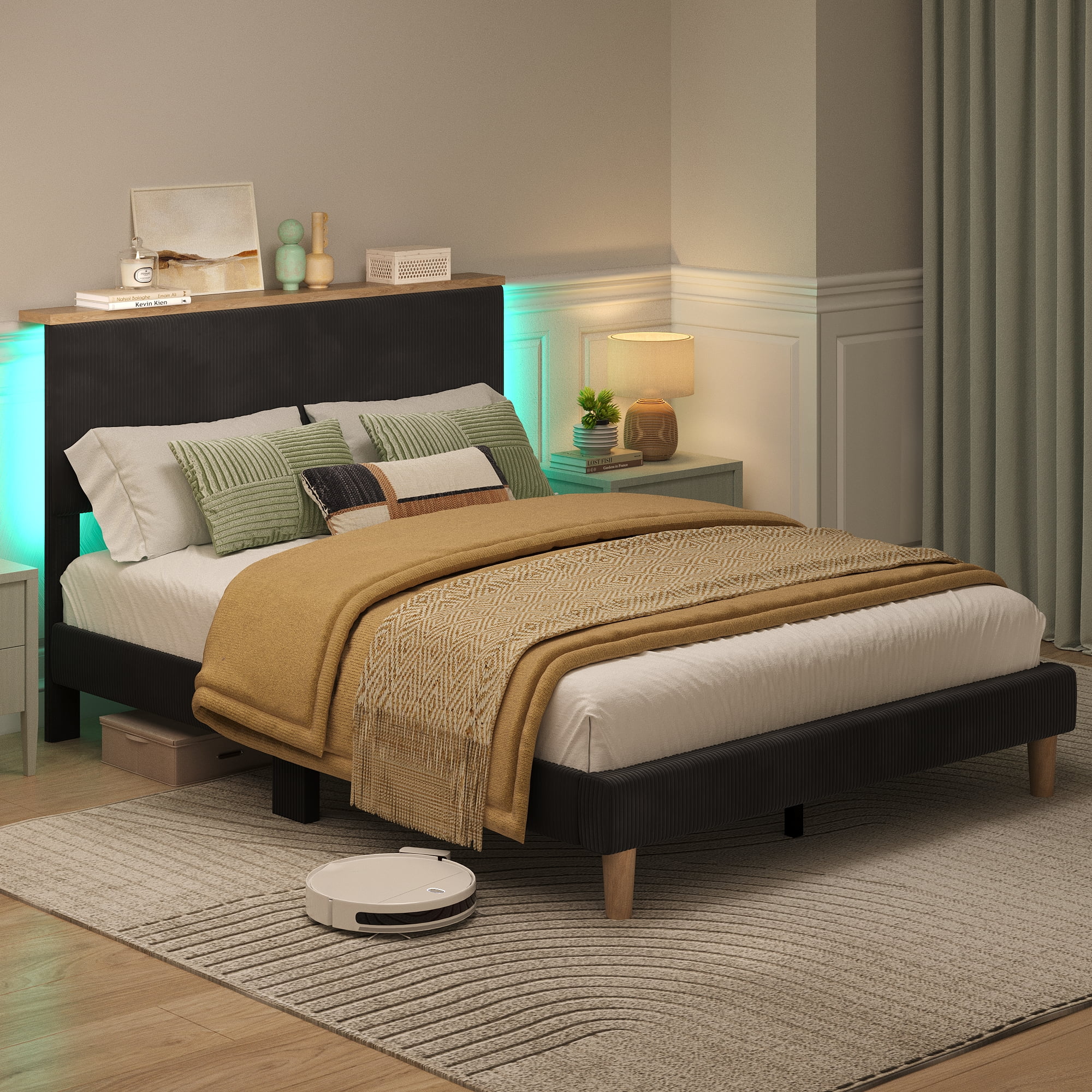 Bestier Full Platform Bed with Adjustable Storage Headboard Shelf, LED Corduroy Upholstered Bed Frame, Black