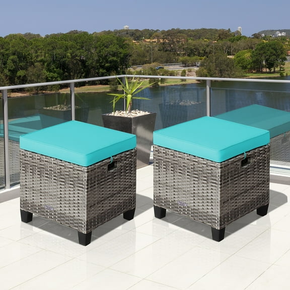Costway 2PCS Patio Rattan Cushioned Ottoman Seat Foot Rest TableTurquoise