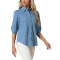 thumbnail image 4 of INSPIRE CHIC Denim Shirt for Women's 3/4 Puff Sleeve Collar Button Down Jean Shirts L Blue, 4 of 6