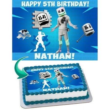 SugarMeLicious Marshmello Fortnite Cake Image Topper, Personalized 1/4 Sheet Birthday Cake Banner for Parties, Edible Cake Image Topper
