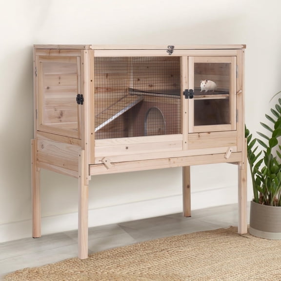 MEDEHOO Guinea Pig Cage with Wooden Stand, Indoor Rabbit Hutch with 2 Stories, Hamster Cage with Anti Chew Ramp, Hideout, Platform, Pull Out Tray (Natural)