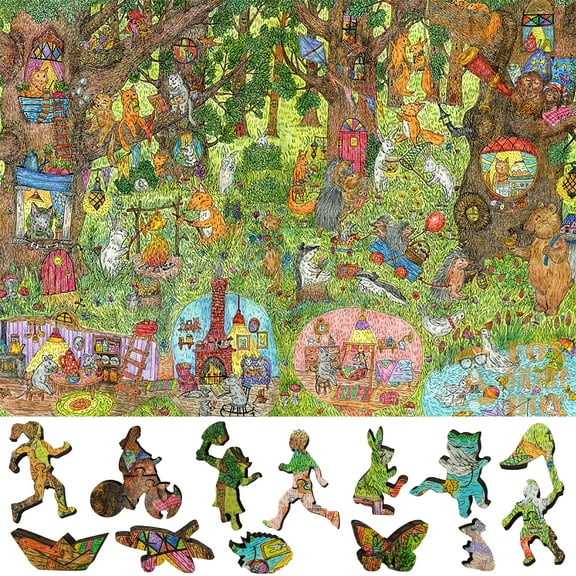 Wooden Jigsaw Puzzles for Adults with Uniquely Shaped Pieces - made in USA by FoxSmartBox - 245 Pieces - Fairy Forest. Summer