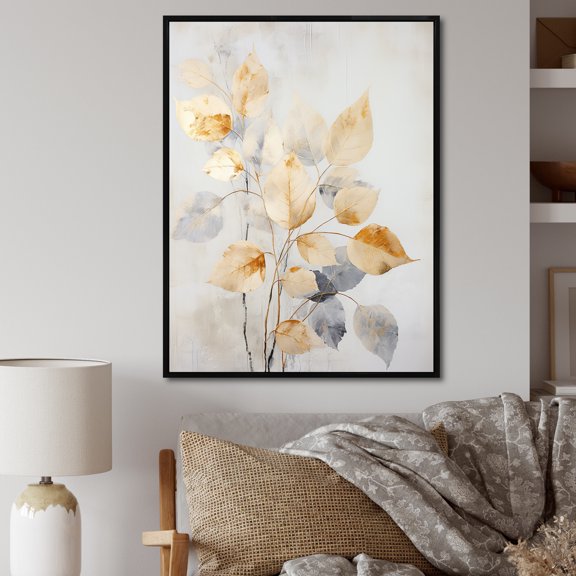 Designart "Collage Of Minimalism In Gold Leaves II" Leaves Floater Framed Wall Art Living Room