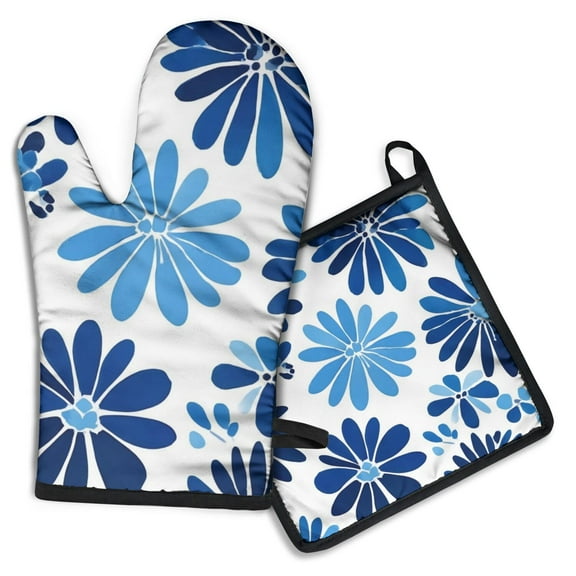 Blue Pioneer Flower Kitchen Oven Mitt and Pot Holder Sets 2 Pcs for Baking, Cooking and Grilling, Heat Resistant Up To 392 °F