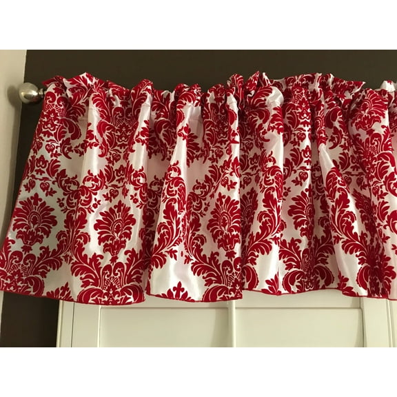 Flocked Damask Window Valance 58" Wide Red on White