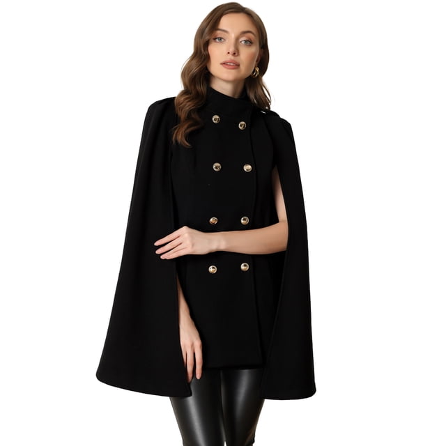 Abrigo de Capa para Mujer Abrigo de Invierno con Manga Corta y Doble Botonadura Negro L