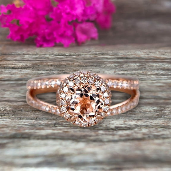 Unique Double Halo Design Round Cut 1.75 Carat Morganite Engagement Ring Promise Ring for Bride Aniversary Ring On 10k Rose Gold Custom Made Glaring Jewelry