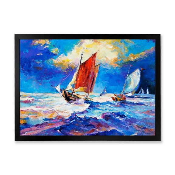 Sail ships On The Ocean Waves During Evening 40 in x 30 in Framed Painting Canvas Art Print, by Designart
