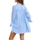 thumbnail image 5 of Trajes de 2 piezas para mujer, camisa de solapa de manga larga con botones a rayas + pantalones cortos con cordón XBTCLXEBCO S;Azul, 5 of 5