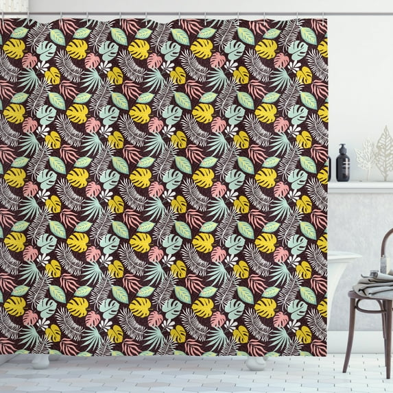Tropical Shower Curtain, Tropical Jungle Elements as Cluster of Forest Leaves Nature Theme Illustration, Fabric Bathroom Set with Hooks, 69W X 84L Inches Extra Long, Multicolor, by Ambesonne