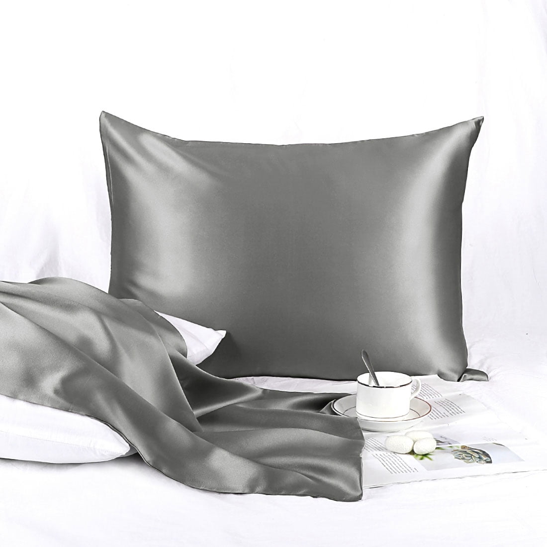 PiccoCasa 25 Momme Silk Pillowcase with Zipper Closure, Queen Grey