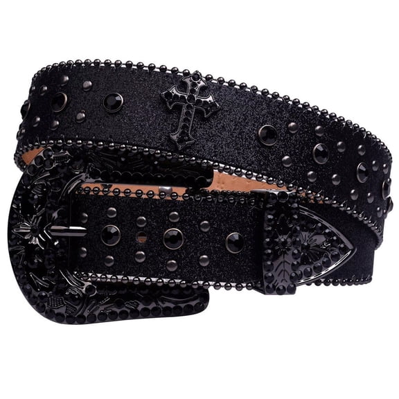 Jiibva PU Leather Goth Western Belt, Western Cowboy Cowgirl Rhinestone Belt with Cross Decor & Pin Buckle Decorative Bling Belt Goth Belt for Pants Jeans