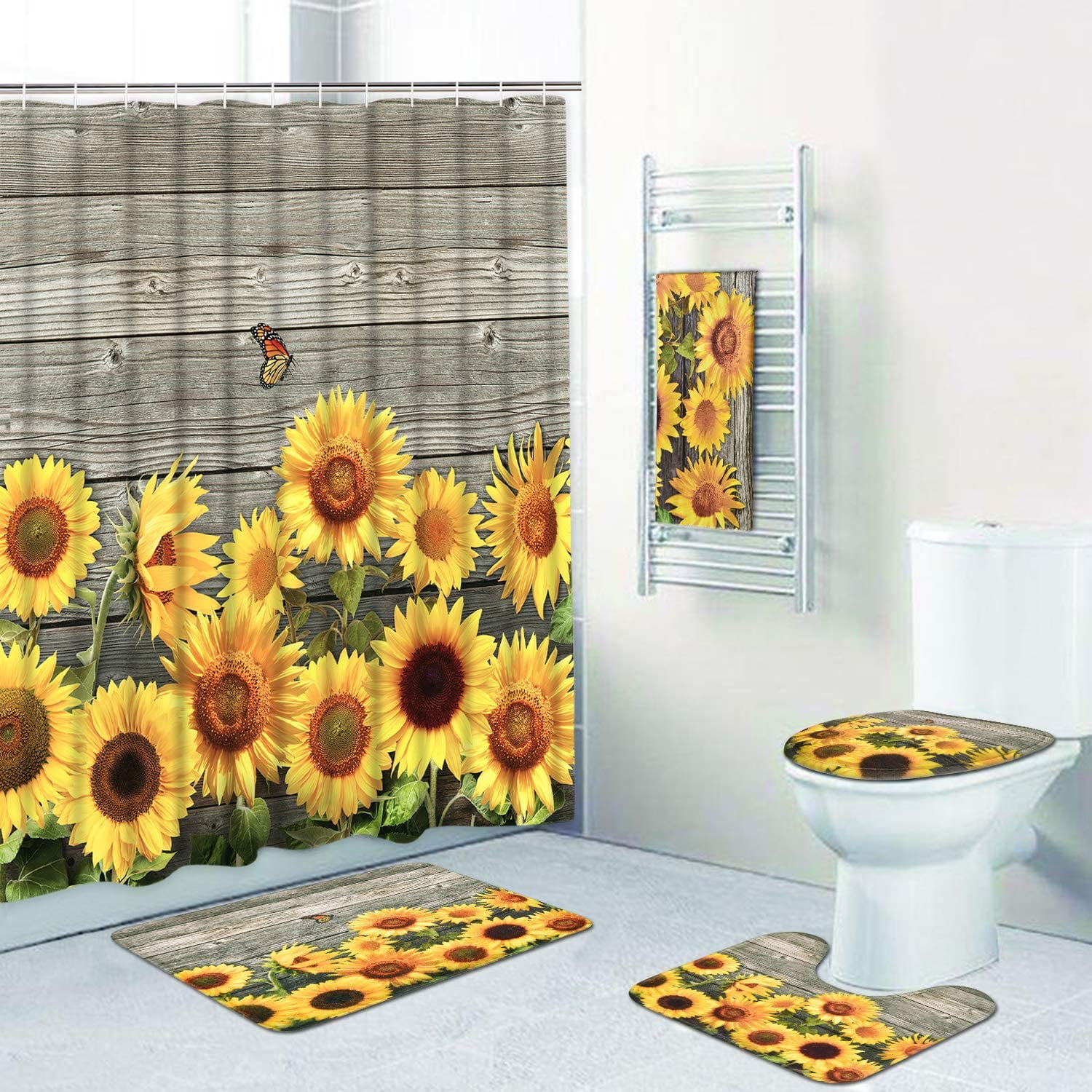 Blooming Flowers & Wood Board Shower Curtain Set Waterproof Fabric Bathroom Mat 