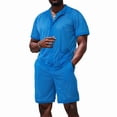 thumbnail image 4 of Men Mesh 2 Piece Outfits See Through Casual Shirts and Shorts Hollow Out Mid Shorts Set Royal Blue XXXL, 4 of 9